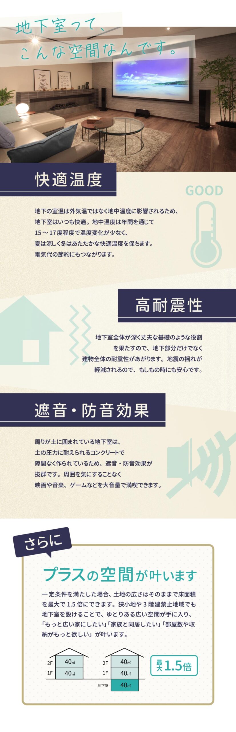 美都住販　mitohouse　見学会　快適温度　地下の室温は外気温ではなく地中温度に影響されるため、地下室はいつも快適。夏は涼しく冬はあたたかな快適温度を保ちます。電気代の節約にも。　高耐震性　地下室全体が深く丈夫な基礎のような役割を果たし、建物全体の耐震性があがります。地震の揺れが軽減されるので、もしもの時にも安心です。　遮音・防音効果　周囲を気にすることなく映画や音楽、ゲームなどを大音量で満喫できます。　土地の広さはそのままで床面積を最大で1.5倍に。狭小地や3階建禁止地域でも地下室を設けることで、ゆとりある広い空間が手に入り、「もっと広い家にしたい」「家族と同居したい」「部屋数や収納がもっと欲しい」が叶います。