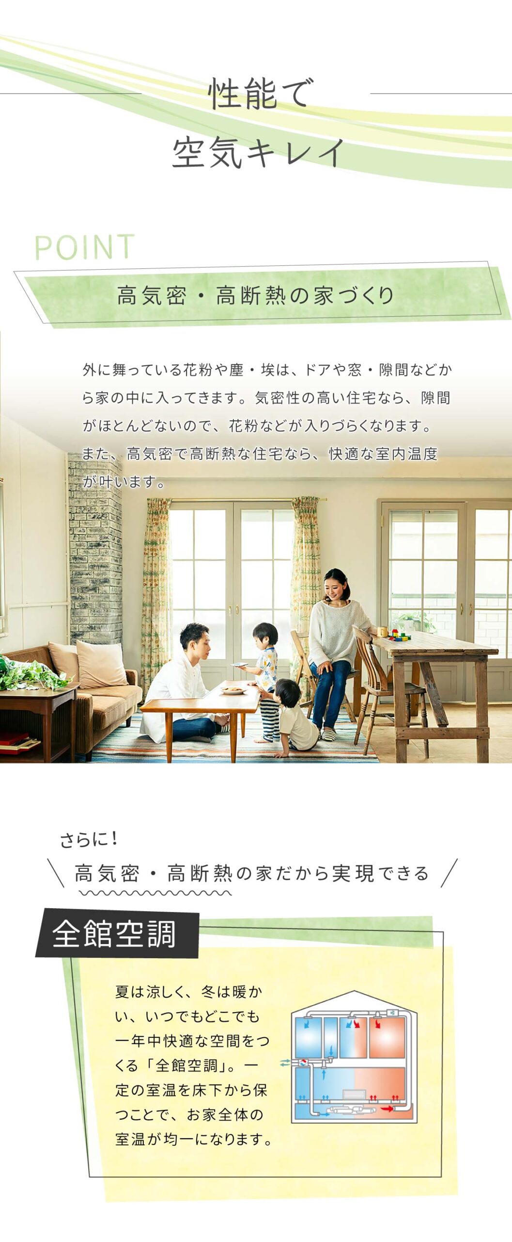 美都住販　mitohouse　見学会　性能で空気キレイ　高気密・高断熱の家づくり　外に待っている花粉はドアや窓、隙間などから家に入ってきます。気密性の高い住宅なら、隙間がほとんどないので花粉などが入りづらくなります。　全館空調