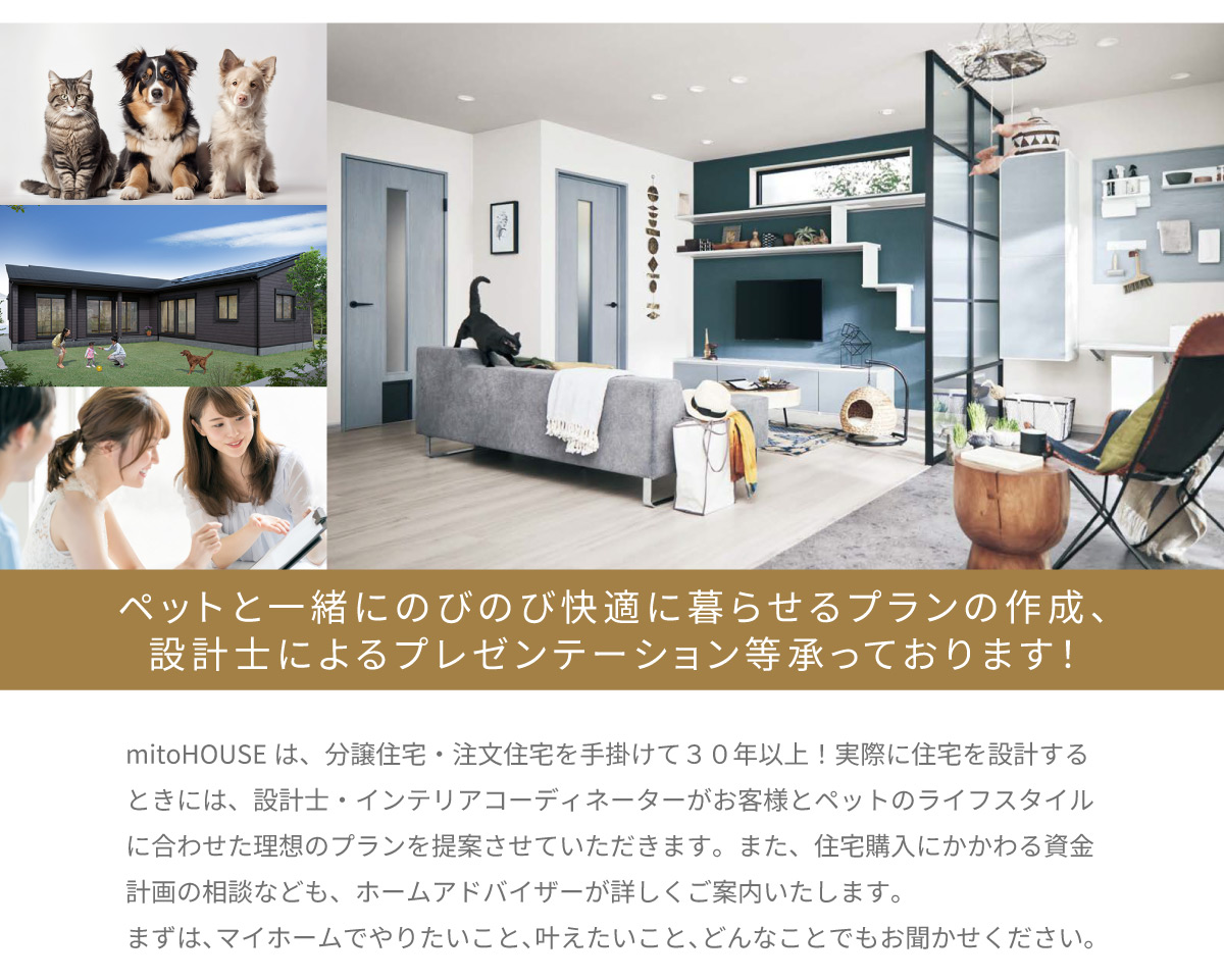 美都住販　mitohouse　ペットと暮らす家　犬と暮らす　猫と暮らす　ペットと一緒にのびのび快適に暮らせるプランの作成、設計士によるプレゼンテーション等、承っております　住宅購入にかかわる資金計画の相談などもホームアドバイザーが詳しくご案内