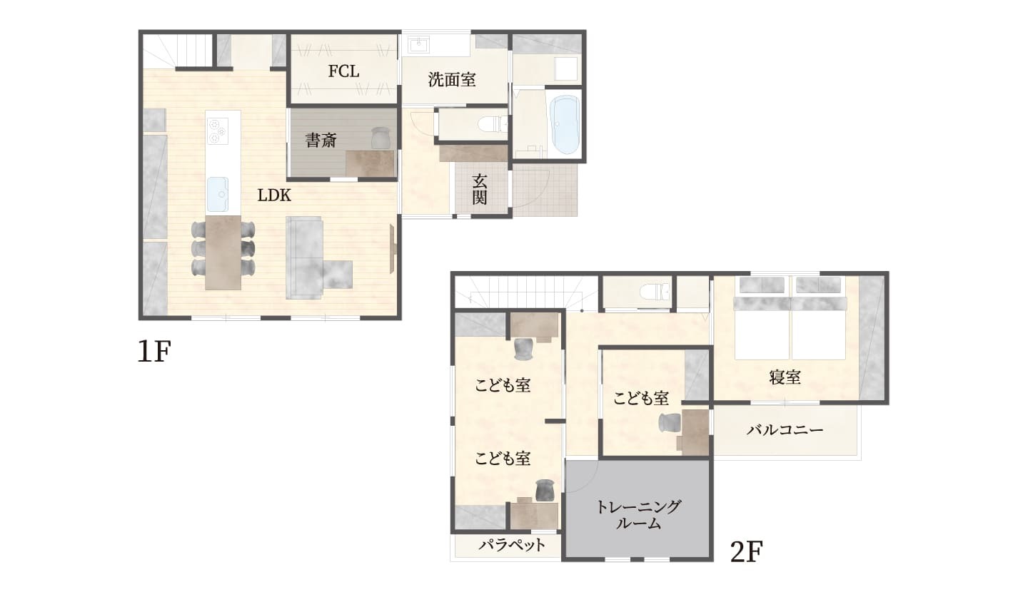 書斎と筋トレルームがある6LDKの住まい