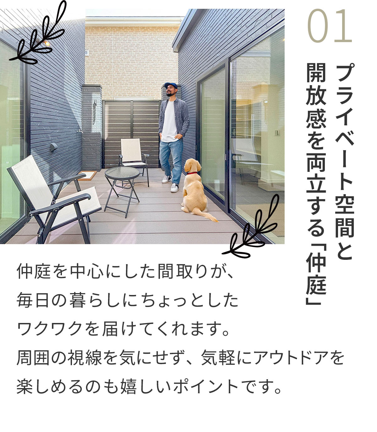 01プライベート空間と開放感を両立する「仲庭」仲庭を中心にした間取りが、毎日の暮らしにちょっとしたワクワクを届けてくれます。周囲の視線を気にせず、気軽にアウトドアを楽しめるのも嬉しいポイントです。 