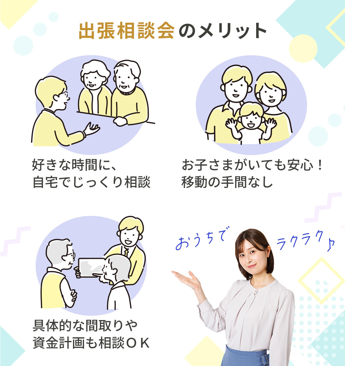 出張相談会のメリット　好きな時間に、自宅でじっくり相談　お子さまがいても安心！移動の手間なし　具体的な間取りや資金計画も相談ＯＫ 