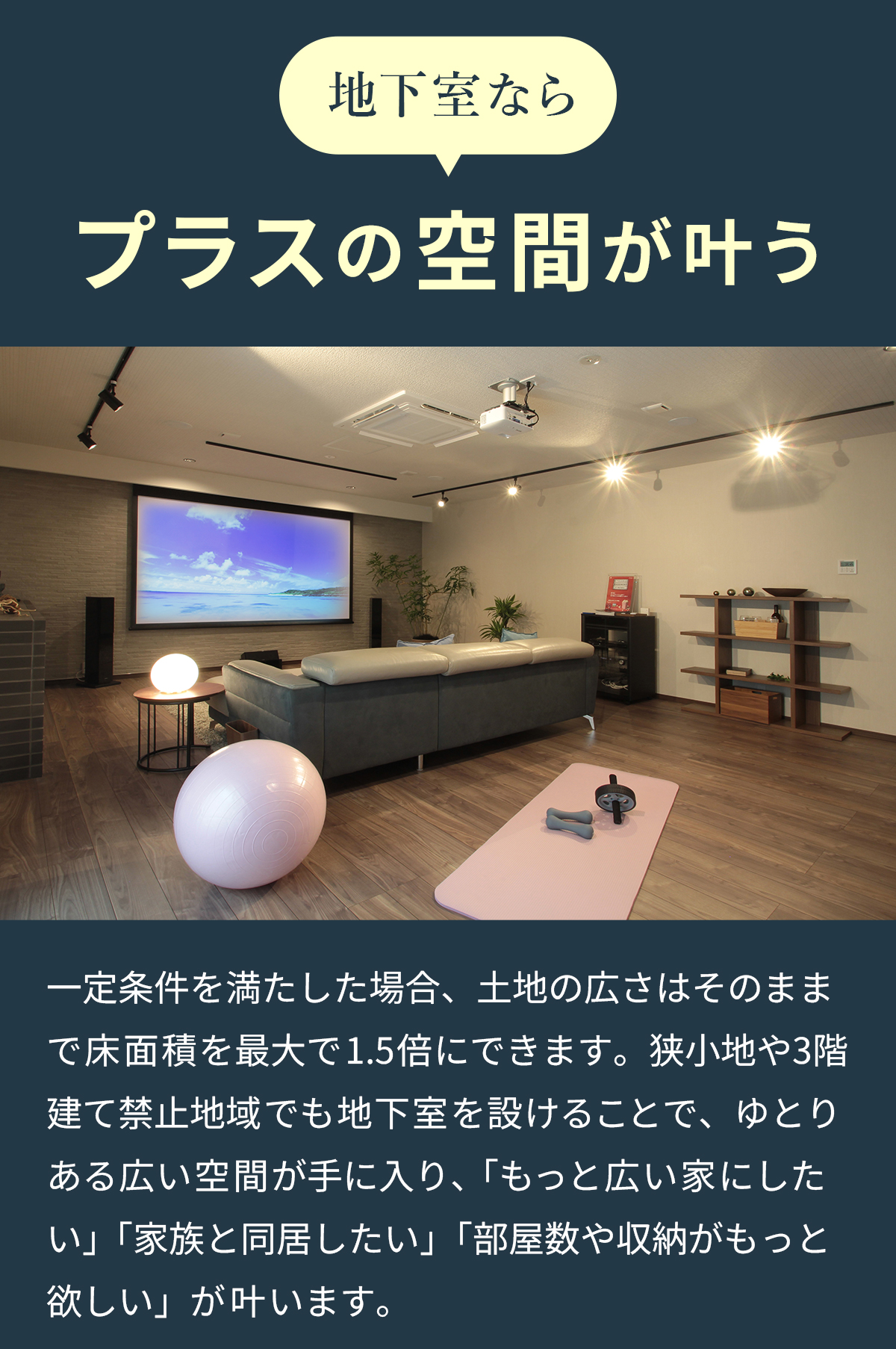 地下室ならプラスの空間が叶う　一定条件を満たした場合、土地の広さはそのままで床面積を最大で1.5倍にできます。狭小地や3階建て禁止地域でも地下室を設けることで、ゆとりある広い空間が手に入り、「もっと広い家にしたい」「家族と同居したい」「部屋数や収納がもっと欲しい」が叶います。 