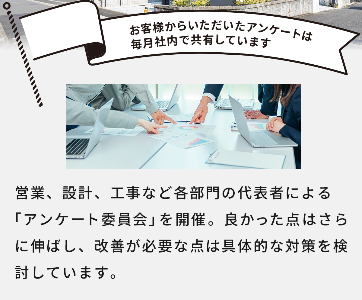 お客様からいただいたアンケートは毎月社内で共有しています。営業、設計、工事など各部門の代表者による「アンケート委員会」を開催。良かった点はさらに伸ばし、改善が必要な点は具体的な対策を検討しています。 